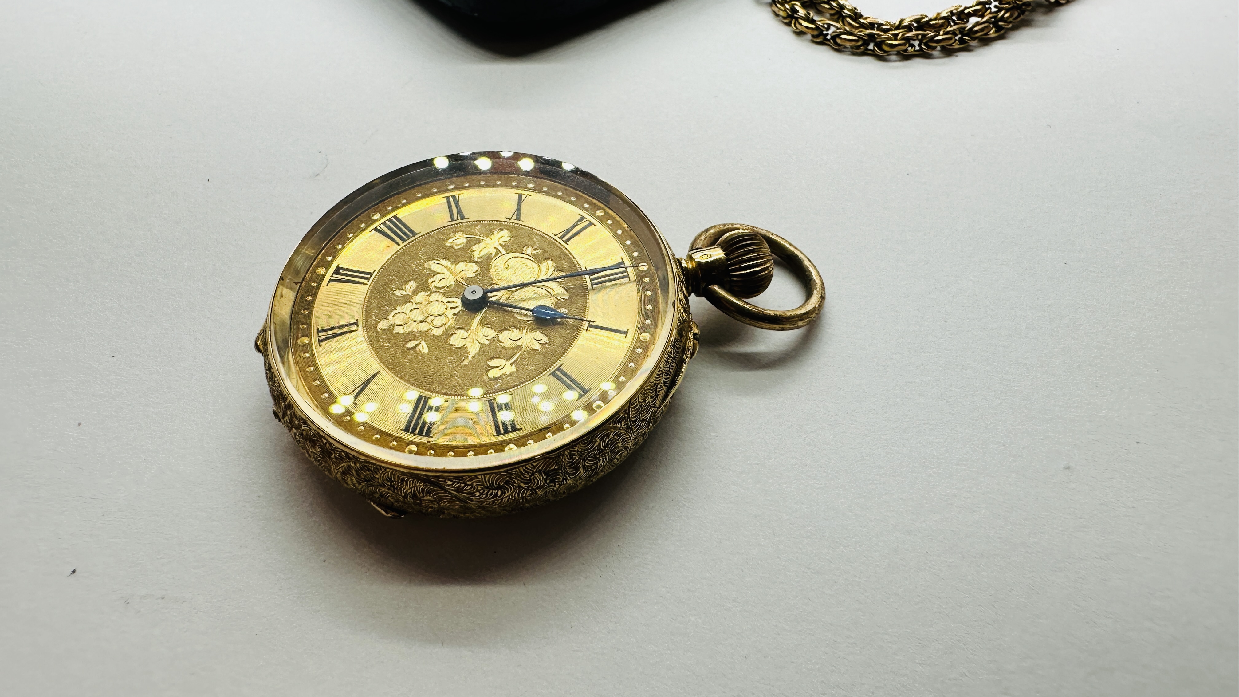 AN ELABORATE ANTIQUE 18CT GOLD CASED HALF HUNTER POCKET WATCH ALONG WITH A WOVEN WATCH CHAIN, - Image 15 of 17
