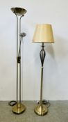 TWO MODERN BRUSHED BRASS FLOOR STANDING LAMPS (UPLIGHTER WITH READING LIGHT AND LAMP WITH CREAM