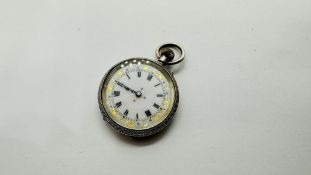 AN ANTIQUE SILVER CASED FOB WATCH THE ENAMEL DIAL DECORATED WITH GILDED SWAGS, DIAMETER 3.2CM.