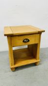 MODERN LIGHT OAK SINGLE DRAWER LAMP TABLE W 47CM X D 47CM X H 57CM.