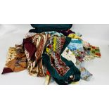 A SUITCASE CONTAINING AN EXTENSIVE COLLECTION OF SCARVES TO INCLUDE SILK AND EXAMPLES MARKED