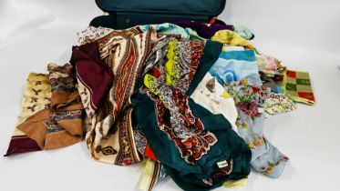 A SUITCASE CONTAINING AN EXTENSIVE COLLECTION OF SCARVES TO INCLUDE SILK AND EXAMPLES MARKED