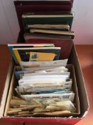 STAMPS: BOX WITH COLLECTIONS IN SEVEN ALBUMS AND LOOSE, UNUSED SG UNIVERSAL ALBUM WITH LEAVES,