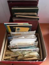 STAMPS: BOX WITH COLLECTIONS IN SEVEN ALBUMS AND LOOSE, UNUSED SG UNIVERSAL ALBUM WITH LEAVES,