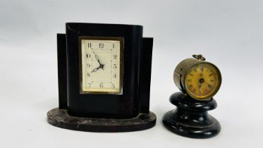 A VINTAGE ART DECO MANTEL CLOCK ALONG WITH A VINTAGE BRASS CASED TRAVEL CLOCK IN A STAND BY THE