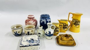A GROUP OF SUNDRY CHINA TO INCLUDE A BLUE AND WHITE RINGTONS TEA CADDY AND COVER,
