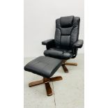 MODERN BROWN FAUX LEATHER RECLINING EASY CHAIR WITH FOOTSTOOL.