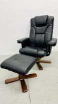 MODERN BROWN FAUX LEATHER RECLINING EASY CHAIR WITH FOOTSTOOL.