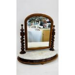A VINTAGE MAHOGANY AND MARBLE BASED DRESSING TABLE MIRROR 62CM W X 26CM D X 64CM H.