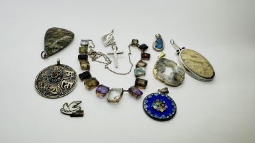 A VINTAGE MULTICOLOURED STONE SET NECKLACE, PENDANTS TO INCLUDE SILVER, CRYSTAL AND OPAL EXAMPLES.