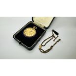 AN ELABORATE ANTIQUE 18CT GOLD CASED HALF HUNTER POCKET WATCH ALONG WITH A WOVEN WATCH CHAIN,