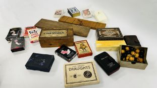 A BOX OF ASSORTED VINTAGE PLAYING CARDS TO INCLUDE "HAPPY FAMILIES", VARIOUS GAMES COUNTERS,