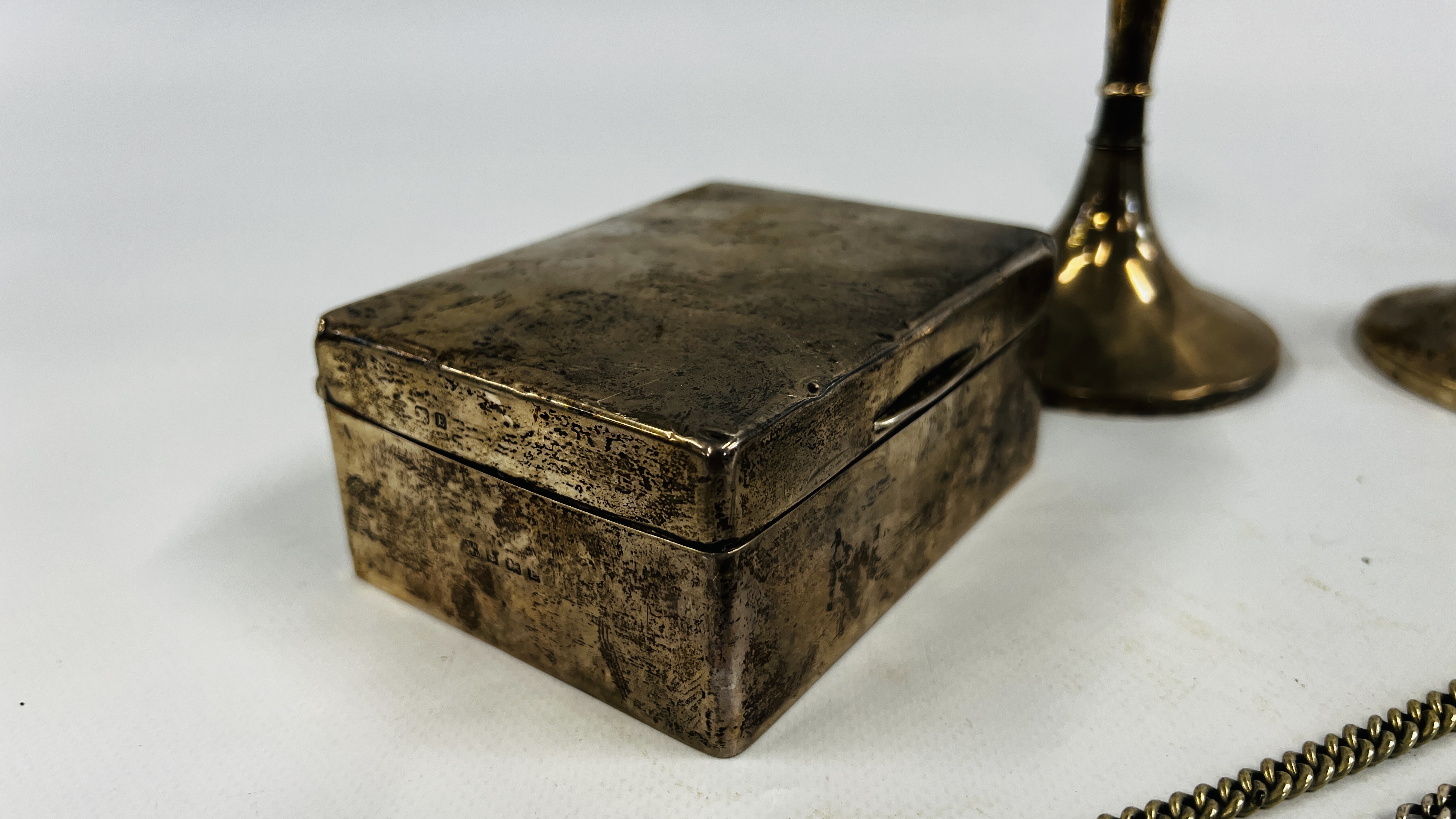A SILVER CIGARETTE BOX ALONG WITH A SILVER WATCH CHAIN (BOX 11.25 X 8. - Image 3 of 17