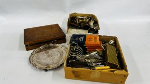 2 X BOXES OF ASSORTED PLATED WARE TO INCLUDE LOOSE & BOXED FLATWARE, GOBLETS ETC.