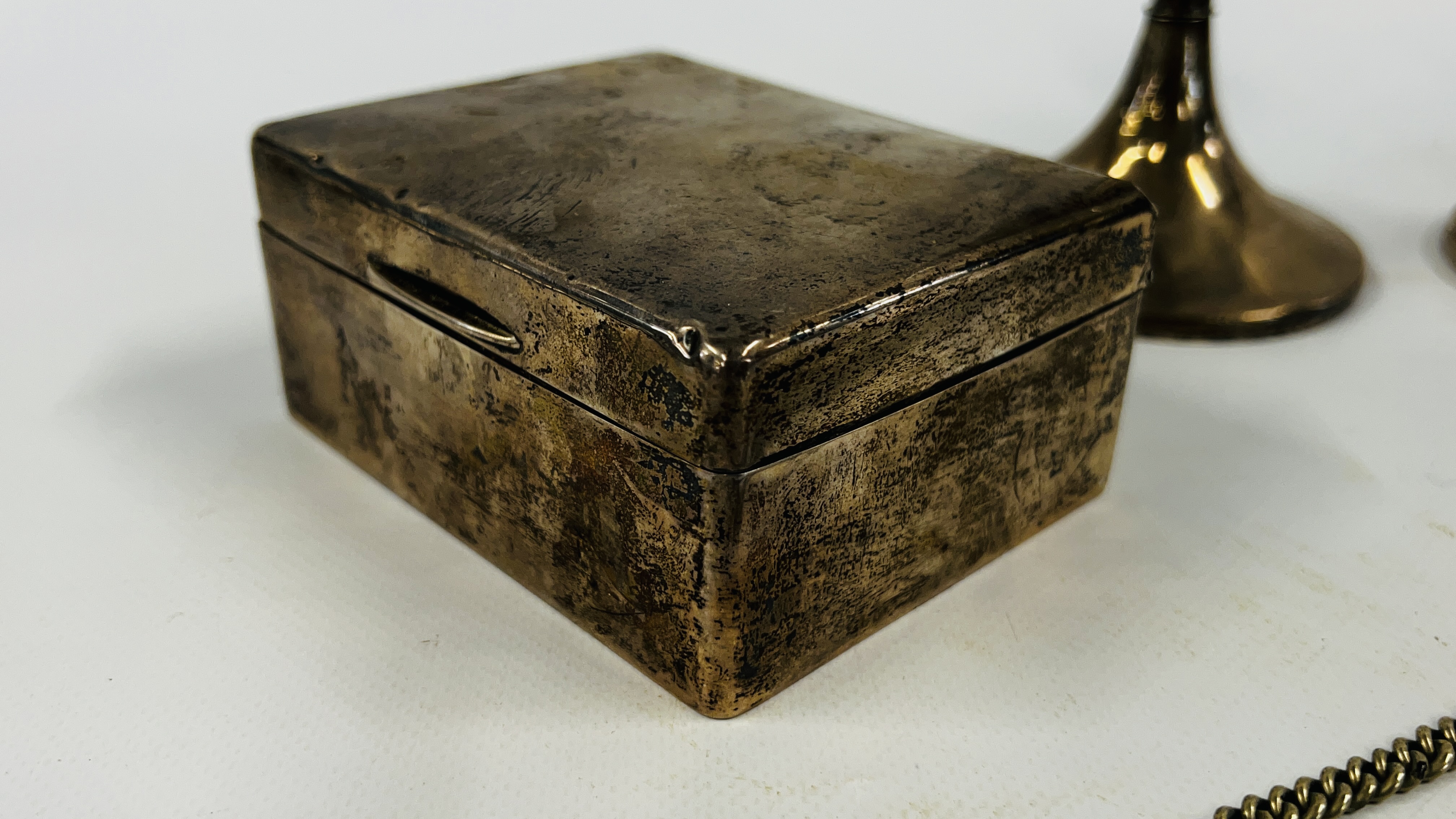 A SILVER CIGARETTE BOX ALONG WITH A SILVER WATCH CHAIN (BOX 11.25 X 8. - Image 5 of 17