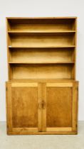 OAK FRAMED TWO DOOR CUPBOARD WITH 3 TIER UPSTAND W 120CM X D 41CM X H 199CM.