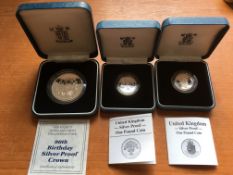 COINS: GB SILVER PROOFS IN CASES COMPRISING 1987 £1, 1988 £1 AND 1990 £5 CROWN.