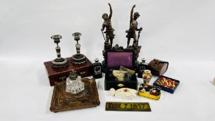 A BOX OF COLLECTIBLES TO INCLUDE A PAIR OF SPELTER FIGURES, PAIR OF VINTAGE WIRE WORK CANDLESTICKS,