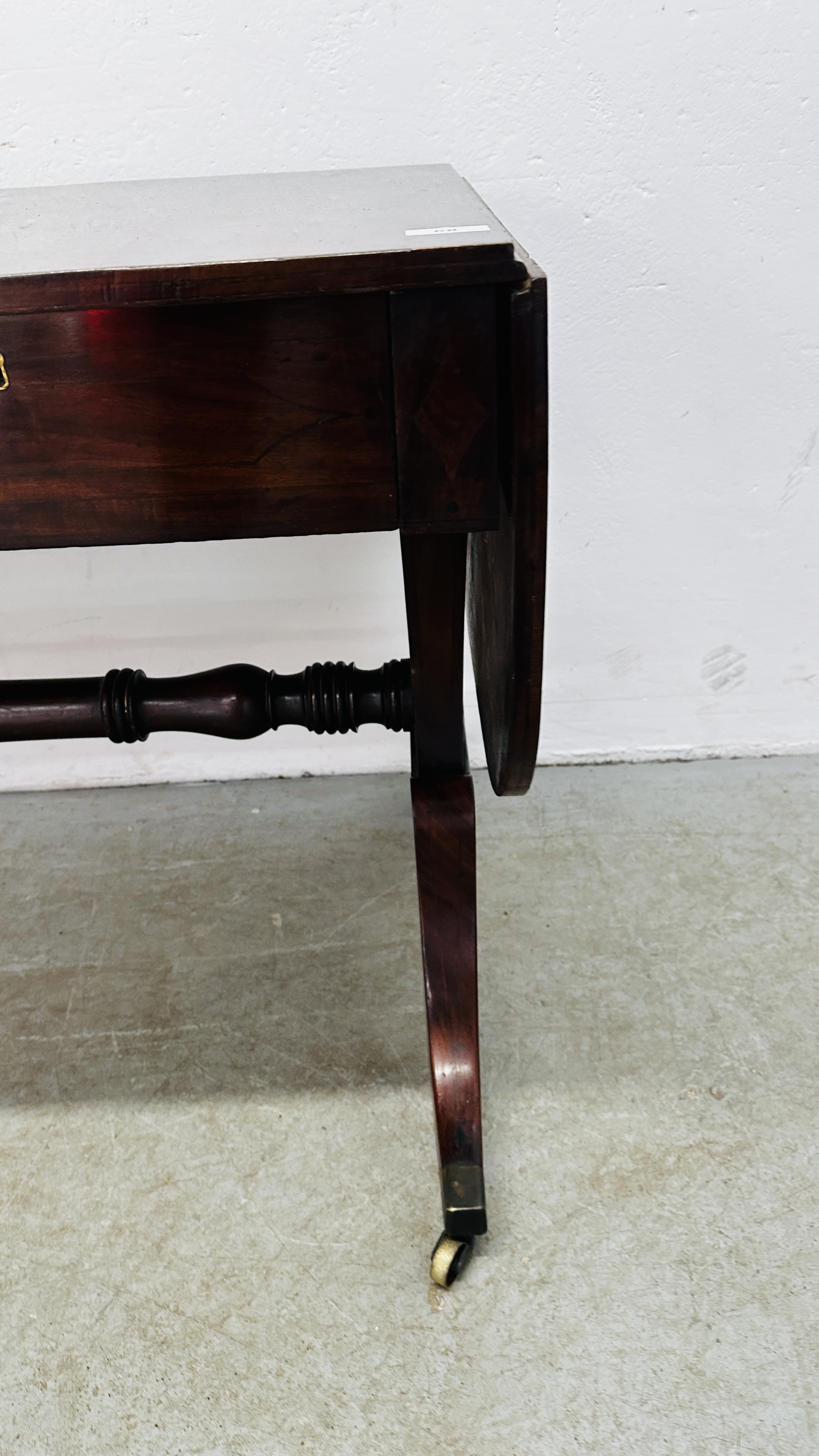GEORGIAN MAHOGANY AND INLAID TWO DRAWER SOFA TABLE WITH STRETCHER SUPPORT W 143CM X D 63CM X H 71. - Image 12 of 20