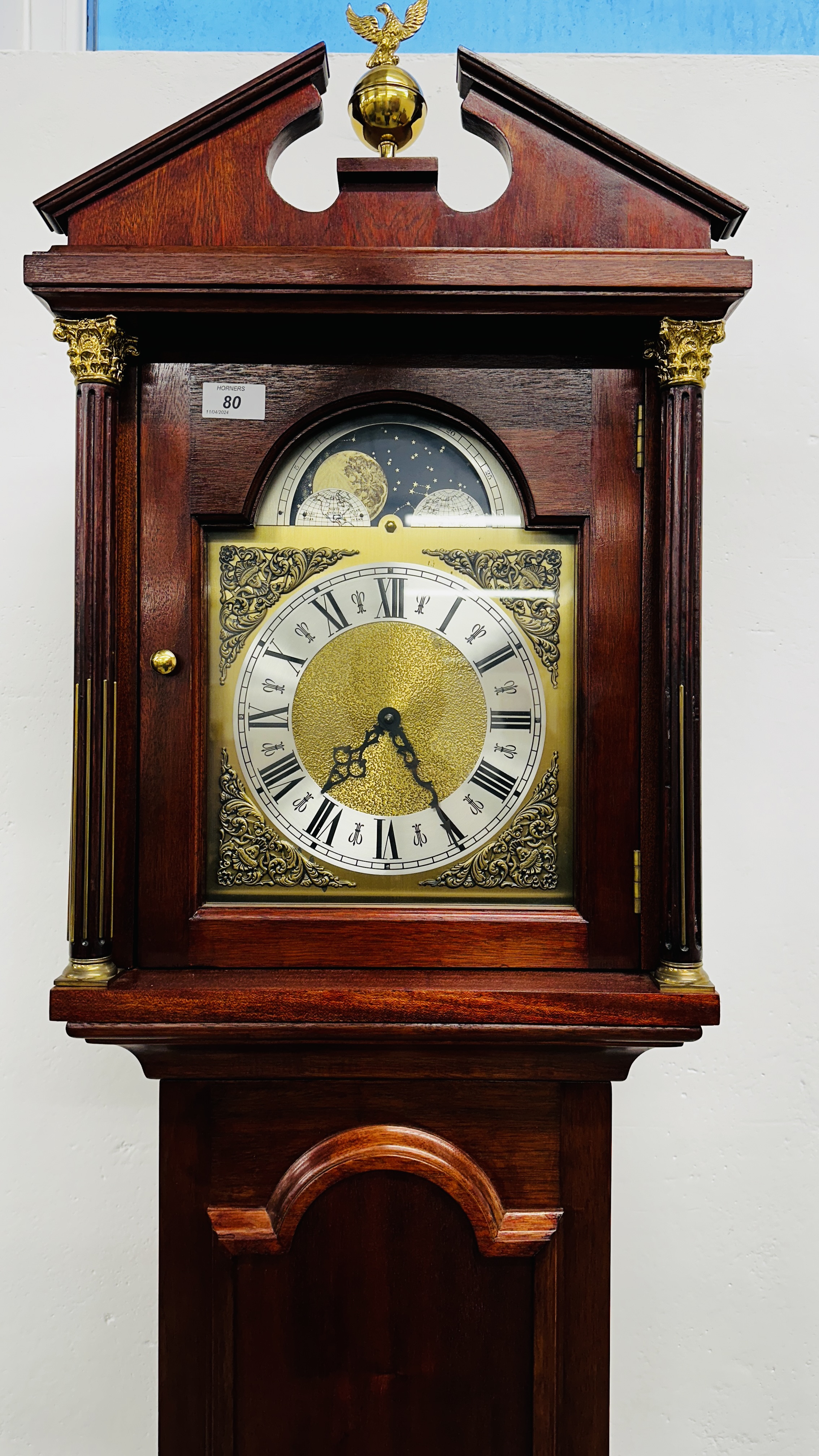 A MAHOGANY CASED REPRODUCTION GRANDFATHER CLOCK WITH MOON PHASE DIAL, - Image 2 of 9