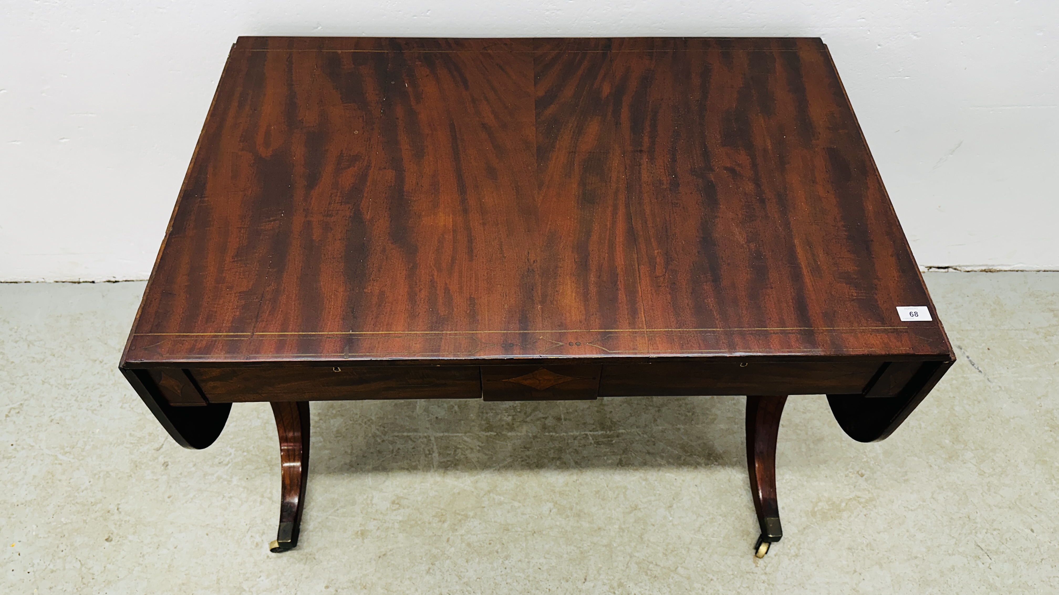 GEORGIAN MAHOGANY AND INLAID TWO DRAWER SOFA TABLE WITH STRETCHER SUPPORT W 143CM X D 63CM X H 71. - Image 2 of 20