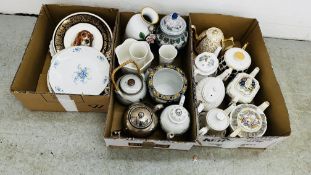 3 X BOXES CONTAINING A GROUP OF ASSORTED TEAPOTS, COLLECTORS PLATES, PLANTERS,
