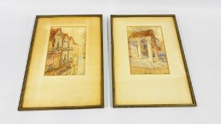 A PAIR OF FRAMED AND MOUNTED WATERCOLOURS TO INCLUDE AN EXAMPLE DEPICTING "NORMAN STAIRS" BEARING