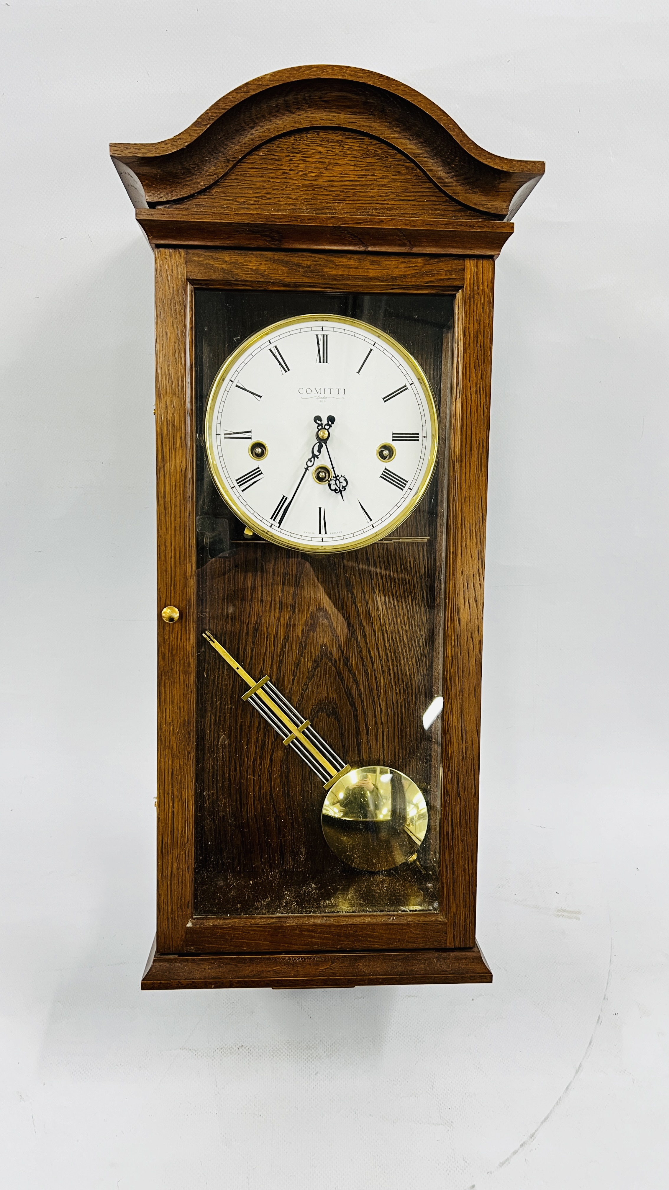 GOOD QUALITY REPRODUCTION WESTMINSTER CHIMING WALL CLOCK BY COMITTI OF LONDON, H 59CM.
