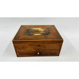 A LATE GEORGIAN MAHOGANY WORKBOX, THE LID PAINTED WITH A LANDSCAPE W 27.5 X D 22 X H 13CM.