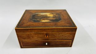 A LATE GEORGIAN MAHOGANY WORKBOX, THE LID PAINTED WITH A LANDSCAPE W 27.5 X D 22 X H 13CM.
