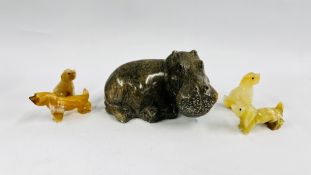 A HARDSTONE STUDY OF A HIPPO L 15CM + A FURTHER 4 MINIATURE HARDSTONE DOG STUDIES.