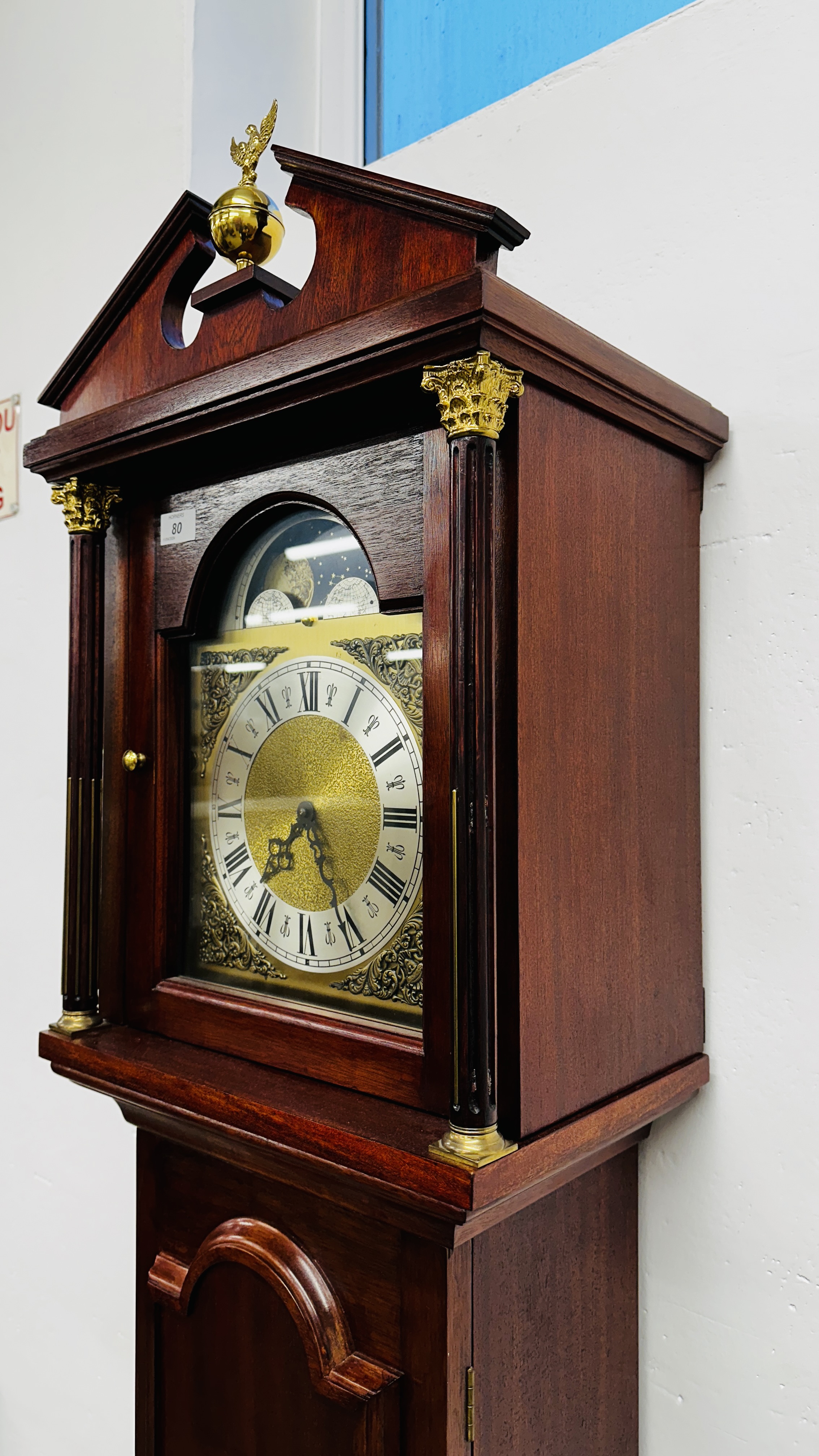 A MAHOGANY CASED REPRODUCTION GRANDFATHER CLOCK WITH MOON PHASE DIAL, - Image 6 of 9