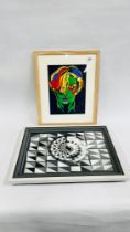 C20TH BRITISH PORTRAIT HEAD, ACRYLIC ON PAPER 29 X 22CM AND ONE FURTHER FRAMED ABSTRACT 41.5 X 29CM.