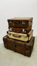 VINTAGE BOUND TRAVEL TRUNK AND THREE SUITCASES TO INCLUDE LEATHER EXAMPLE.