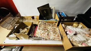 7 X BOXES OF ASSORTED HOUSEHOLD SUNDRIES TO INCLUDE GLASSWARE, FRAMED PICTURES AND PRINTS,