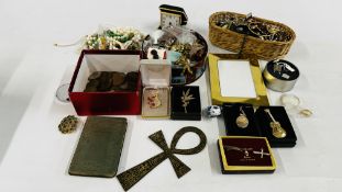 BOX OF ASSORTED COSTUME JEWELLERY AND COINAGE + A SILVER PLATED TRAY AND CUTLERY ETC.