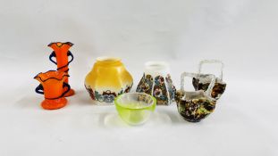 TWO VINTAGE GLASS SHADES WITH FLORAL PRINTED DETAIL ALONG WITH A PAIR OF ART GLASS BASKETS AND A