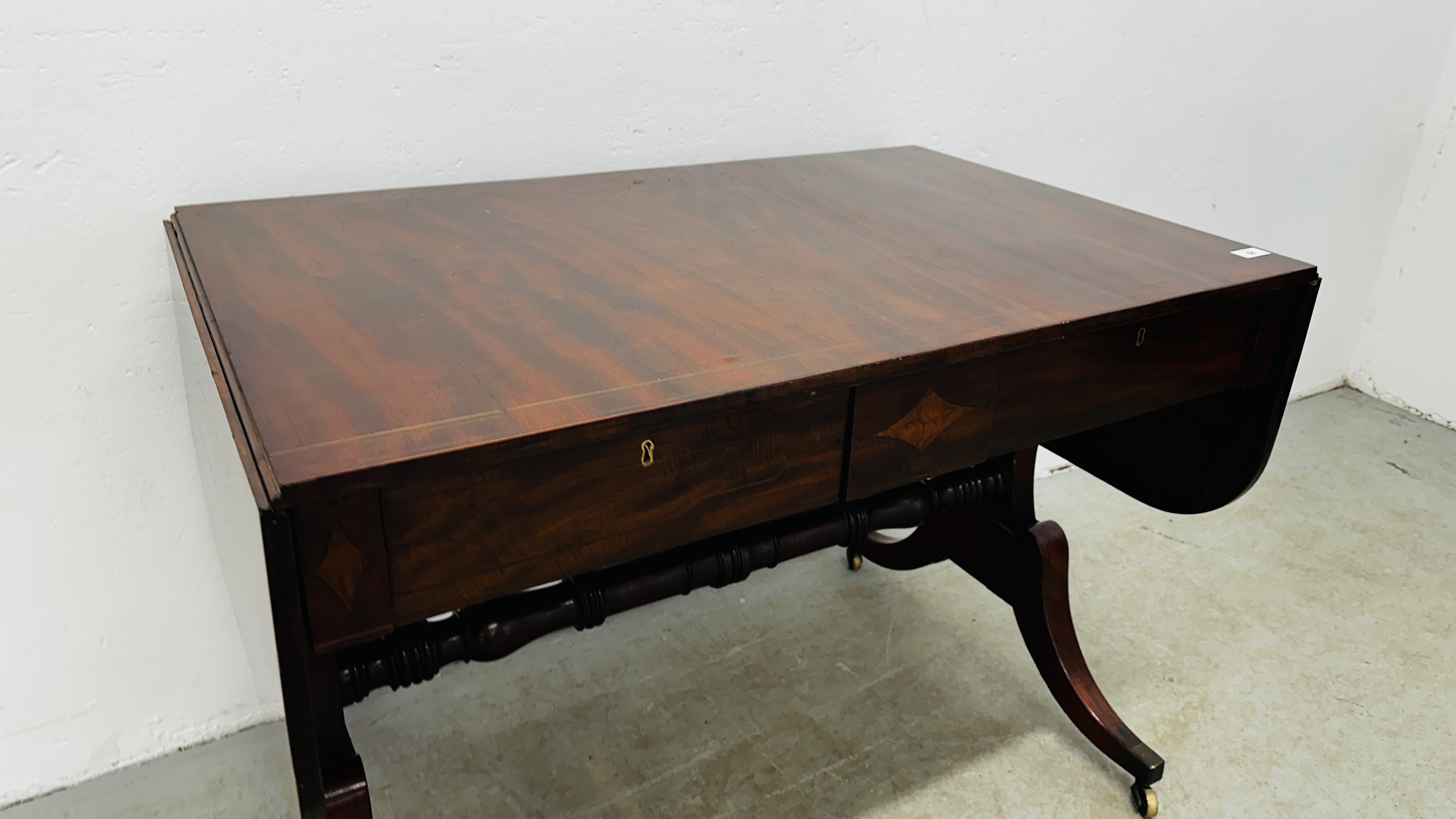 GEORGIAN MAHOGANY AND INLAID TWO DRAWER SOFA TABLE WITH STRETCHER SUPPORT W 143CM X D 63CM X H 71. - Image 3 of 20