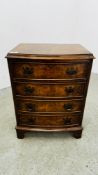 A BURR WALNUT BOW FRONT 4 DRAWER CHEST 45CM W X 33.5CM D X 60 CM H.