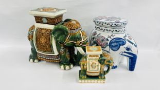 TWO CERAMIC ELEPHANT STOOLS + A FURTHER MINIATURE EXAMPLE.