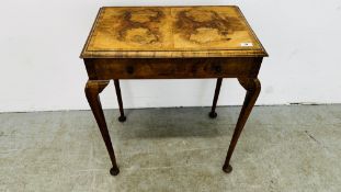 AN ANTIQUE BURR WALNUT SINGLE DRAWER SIDE TABLE 61CM W X 41CM D X 71CM H.