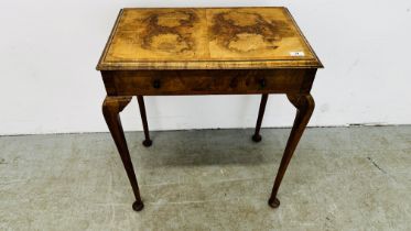 AN ANTIQUE BURR WALNUT SINGLE DRAWER SIDE TABLE 61CM W X 41CM D X 71CM H.