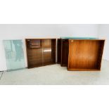 4 X TEAK FINISH WALL MOUNT SHELVED COLLECTORS CABINETS WITH SLIDING GLASS DOORS AND GLASS SHELVES,