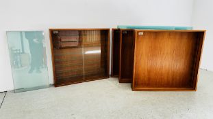 4 X TEAK FINISH WALL MOUNT SHELVED COLLECTORS CABINETS WITH SLIDING GLASS DOORS AND GLASS SHELVES,