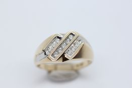 A GENT'S 10CT GOLD RING FEATURES THREE DIAGONAL ROWS OF CHANNEL SET DIAMONDS.