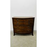 AN EARLY C19TH MAHOGANY BOW FRONTED FOUR DRAWER CHEST W 100CM D 55CM H 93CM.