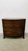 AN EARLY C19TH MAHOGANY BOW FRONTED FOUR DRAWER CHEST W 100CM D 55CM H 93CM.