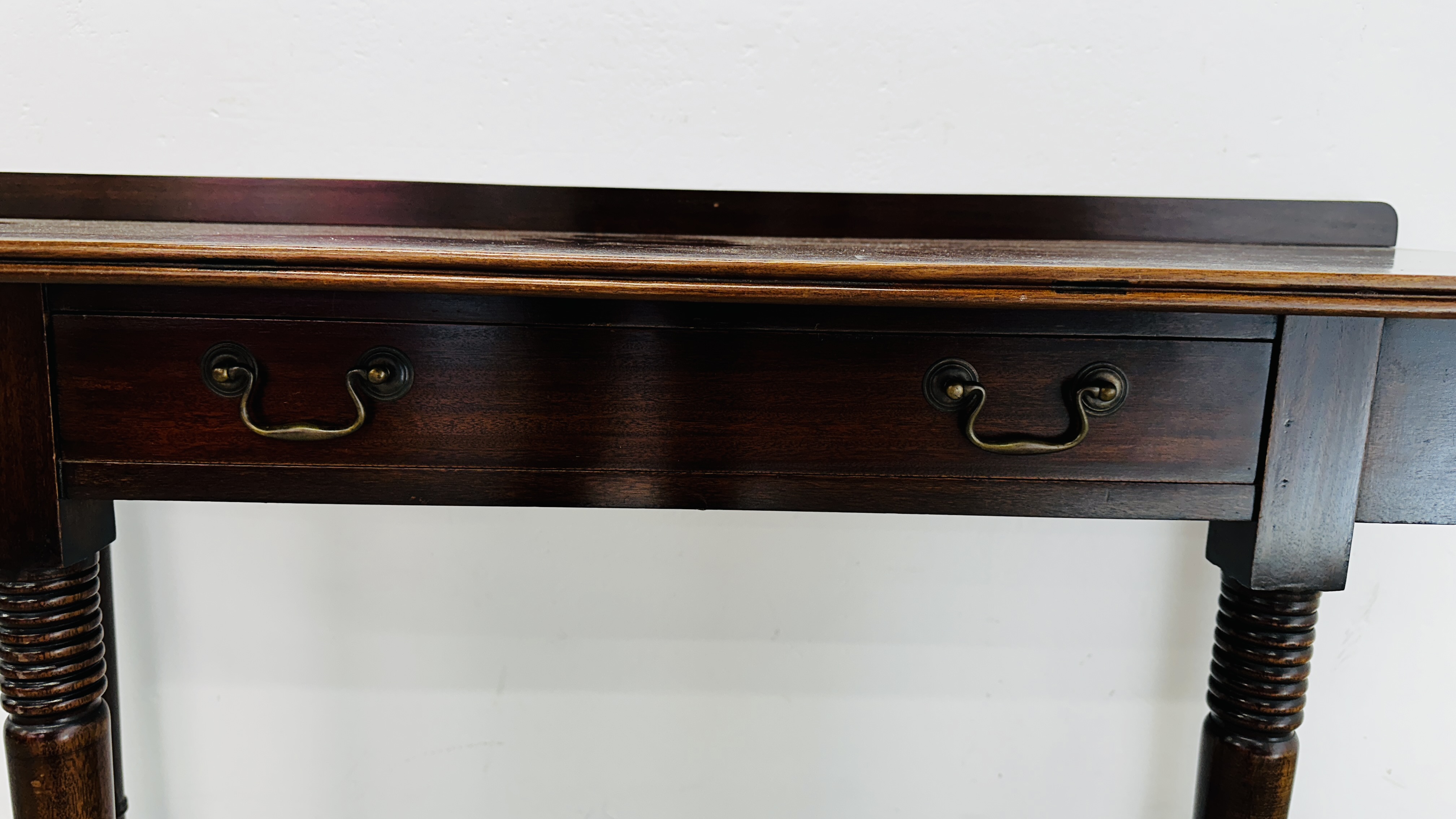 A MAHOGANY D END TABLE SUPPORTED ON BRASS CASTERS 126CM W X 49CM D X 79CM H. - Image 13 of 14