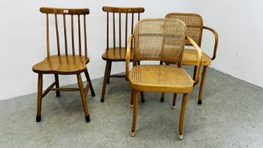 A PAIR OF BENTWOOD AND RATTAN CHAIRS ALONG WITH A FURTHER PAIR OF STICK BACK DINING CHAIRS.