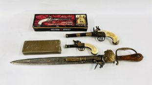 A GROUP OF 3 REPLICA FLINT LOCK PISTOLS AND SWORDS INCLUDING LATE 18TH CENTURY DESIGN,